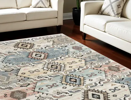 8' X 10' Ivory Tan And Blue Geometric Flatweave Area Rug
