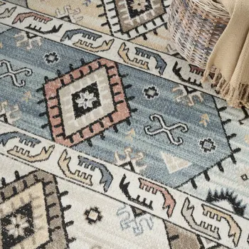 8' X 10' Ivory Tan And Blue Geometric Flatweave Area Rug