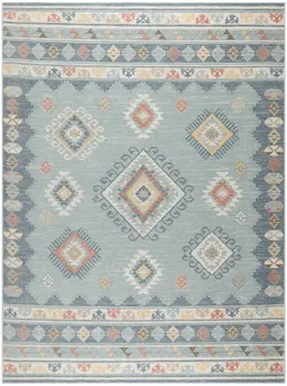 8' X 10' Blue Light Blue and Orange Geometric Flatweave Area Rug
