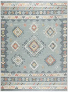8' X 10' Blue Light Blue and Orange Geometric Flatweave Area Rug