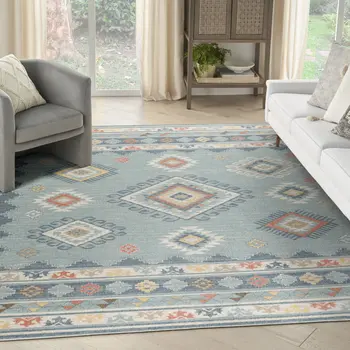 8' X 10' Blue Light Blue and Orange Geometric Flatweave Area Rug
