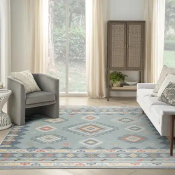 8' X 10' Blue Light Blue and Orange Geometric Flatweave Area Rug