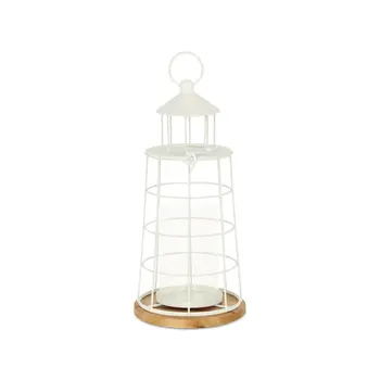 15" White And Natural Metal And Wood Lighthouse Tabletop Lantern Candle Holder