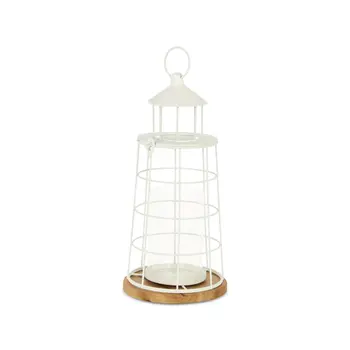 15" White And Natural Metal And Wood Lighthouse Tabletop Lantern Candle Holder