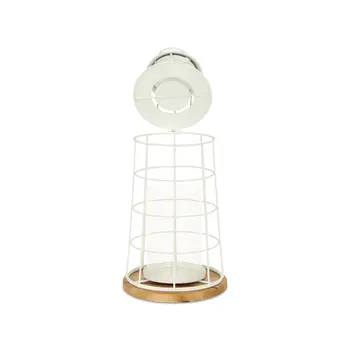 15" White And Natural Metal And Wood Lighthouse Tabletop Lantern Candle Holder