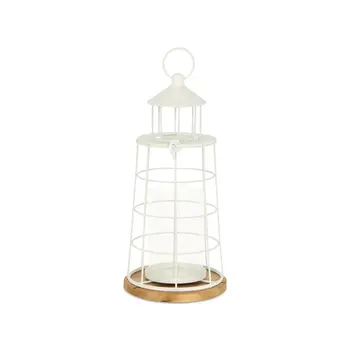 15" White And Natural Metal And Wood Lighthouse Tabletop Lantern Candle Holder