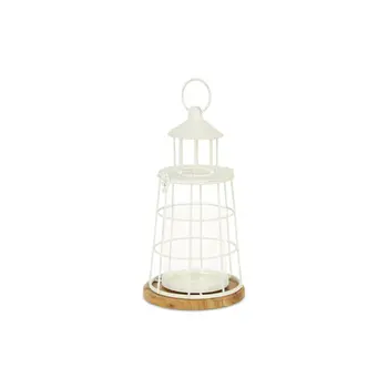 12" White And Natural Metal And Wood Lighthouse Tabletop Lantern Candle Holder