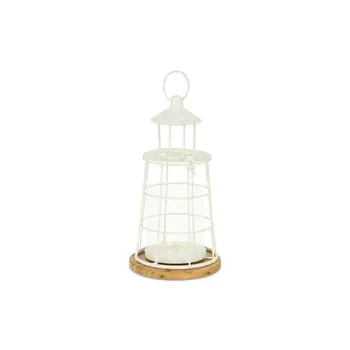 12" White And Natural Metal And Wood Lighthouse Tabletop Lantern Candle Holder