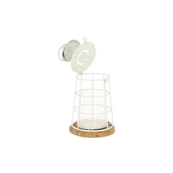 12" White And Natural Metal And Wood Lighthouse Tabletop Lantern Candle Holder