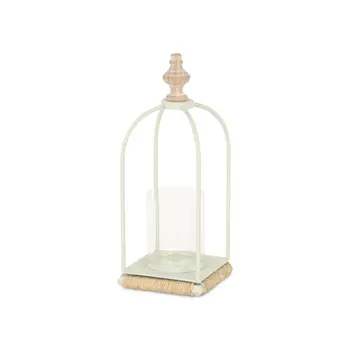14" White Metal With Wood And Rope Tabletop Lantern Candle Holder