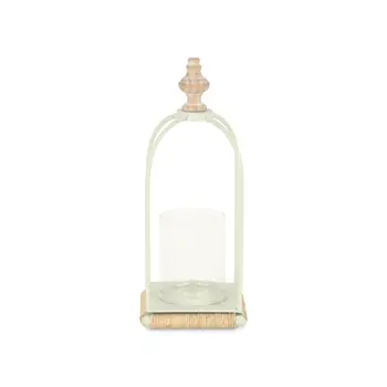 14" White Metal With Wood And Rope Tabletop Lantern Candle Holder