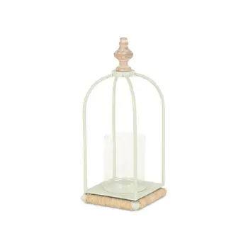 14" White Metal With Wood And Rope Tabletop Lantern Candle Holder