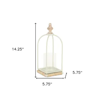 14" White Metal With Wood And Rope Tabletop Lantern Candle Holder