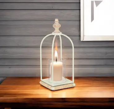 14" White Metal With Wood And Rope Tabletop Lantern Candle Holder