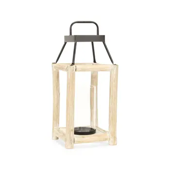 18" Black And Natural Distressed Glass Metal And Wood Tabletop Lantern Candle Holder