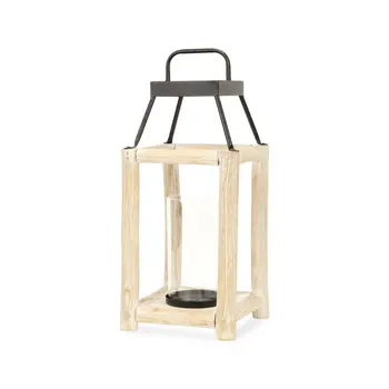 18" Black And Natural Distressed Glass Metal And Wood Tabletop Lantern Candle Holder