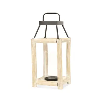 18" Black And Natural Distressed Glass Metal And Wood Tabletop Lantern Candle Holder