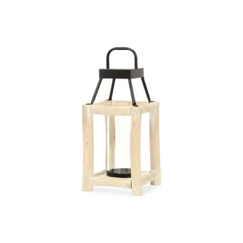 15" Natural And Black Glass Metal And Wood Tabletop Lantern Candle Holder