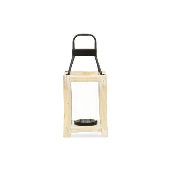15" Natural And Black Glass Metal And Wood Tabletop Lantern Candle Holder