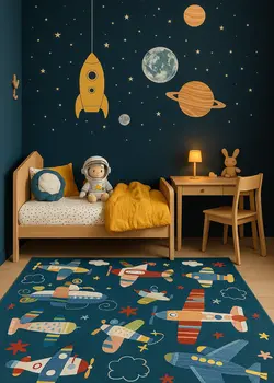 8' X 11' Navy Red and Orange Juvenile Airplanes Youthful Area Rug