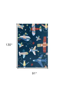 8' X 11' Navy Red and Orange Juvenile Airplanes Youthful Area Rug