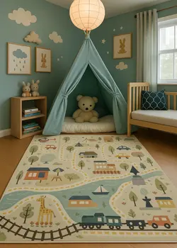 5' X 8' Gray Brown and Blue Juvenile Transportation Youthful Area Rug