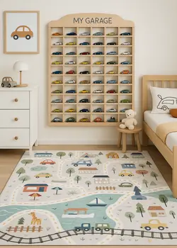 7' X 10' Gray Brown and Blue Juvenile Transportation Youthful Area Rug