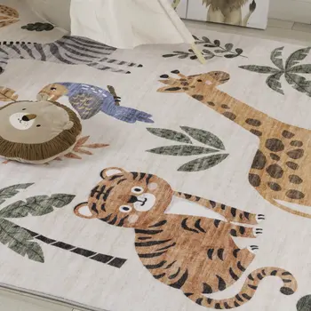 4' X 6' Gray Brown and Green Juvenile Zoo Animals Youthful Area Rug