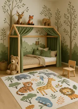 4' X 6' Gray Brown and Green Juvenile Zoo Animals Youthful Area Rug