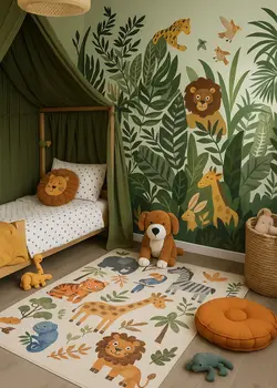 8' X 11' Gray Brown and Green Juvenile Zoo Animals Youthful Area Rug