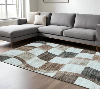8' X 11' Beige Brown and Gray Checkered Area Rug