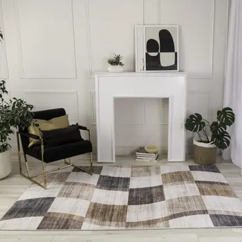 8' X 11' Beige Brown and Gray Checkered Area Rug