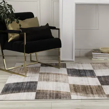 8' X 11' Beige Brown and Gray Checkered Area Rug