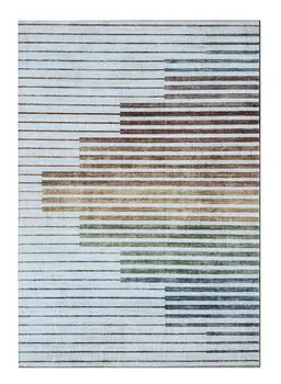 5' X 8' Beige Blue and Brown Striped Area Rug