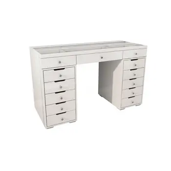 51" White Glass and Wood Vanity Table With Thirteen Drawers