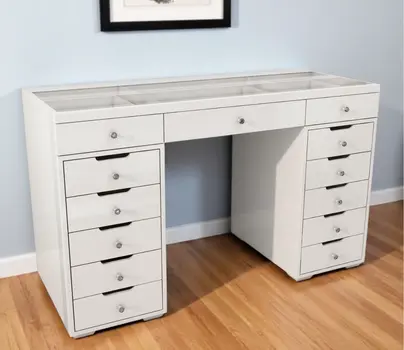 51" White Glass and Wood Vanity Table With Thirteen Drawers