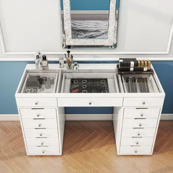 51" White Glass and Wood Vanity Table With Thirteen Drawers
