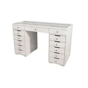 51" White Glass and Wood Vanity Table With Thirteen Drawers
