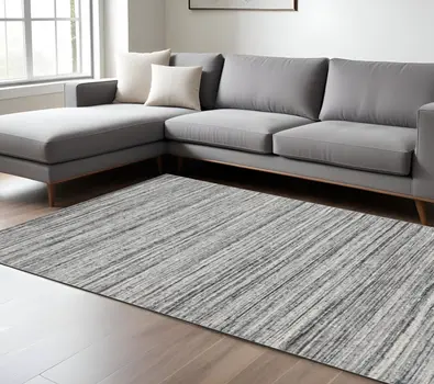 12' X 15' Ivory Gray And Black Wool Striped Hand Woven Area Rug