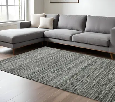 10' X 14' Dark Gray And Ivory Wool Striped Hand Woven Area Rug