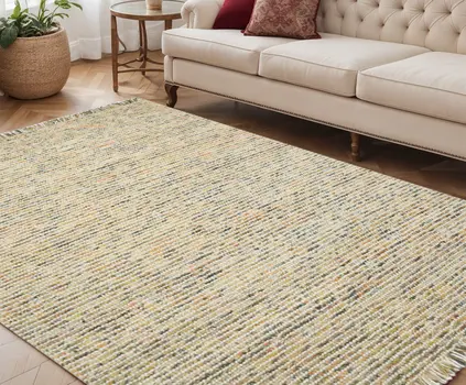 5' X 7' Beige Gray And Orange Wool Striped Hand Woven Area Rug With Fringe