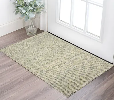 2' X 3' Gold Ivory And Gray Wool Striped Hand Woven Area Rug With Fringe
