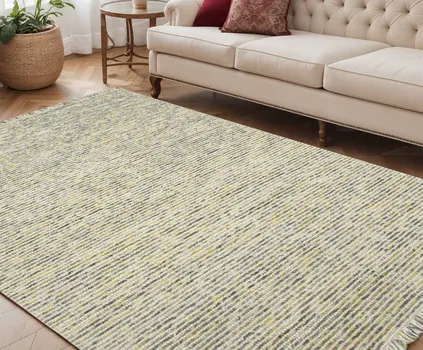 5' X 7' Gold Ivory And Gray Wool Striped Hand Woven Area Rug With Fringe