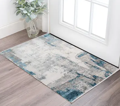 2' X 3' Gray Blue And Ivory Abstract Area Rug With Fringe