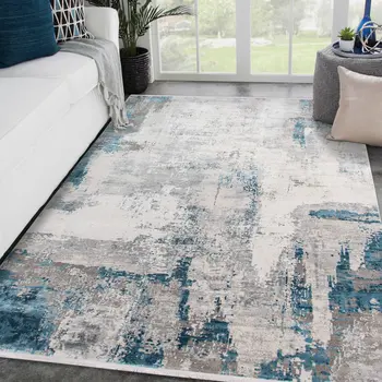 8' X 12' Gray Blue And Ivory Abstract Area Rug With Fringe