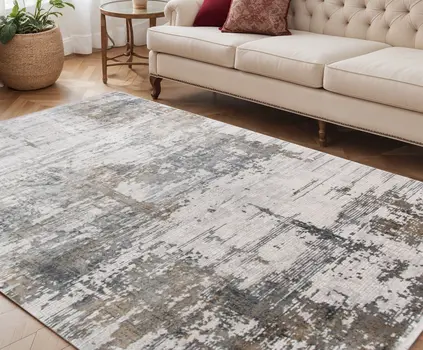 5' X 8' Ivory Gray And Brown Abstract Area Rug With Fringe