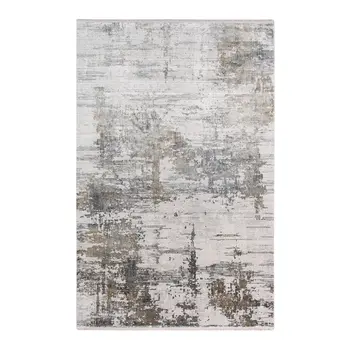 5' X 8' Ivory Gray And Brown Abstract Area Rug With Fringe