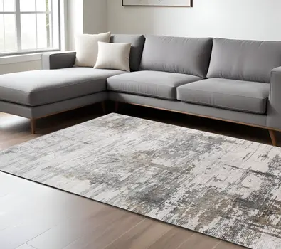 8' X 10' Ivory Gray And Brown Abstract Area Rug With Fringe