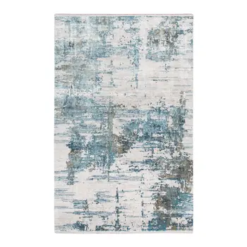 2' X 3' Ivory Blue And Brown Abstract Area Rug With Fringe