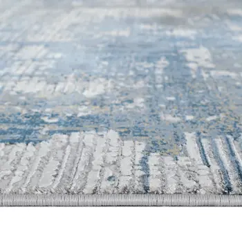 3' X 10' Ivory Blue And Brown Abstract Runner Rug With Fringe